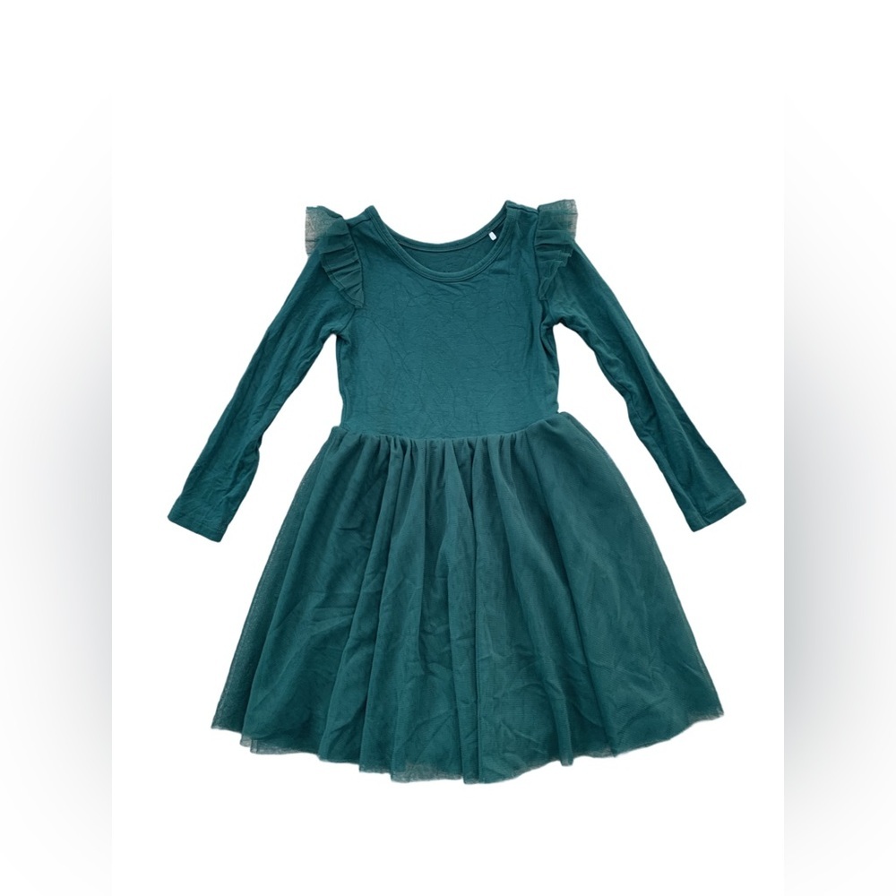 Little Sleepies Size 4T Emerald Green Bamboo Tulle Ruffle Shoulder Twirl Dress